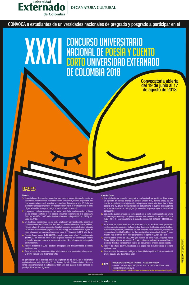 aunarvillavo's tweet photo. #ConcursodeCuento La AUNAR Villavicencio te invita a participar en el Concurso Universitario Nacional de Poesía y Cuento Corto Universidad Externado de Colombia 2018. https://t.co/EeW5Xo1cWJ