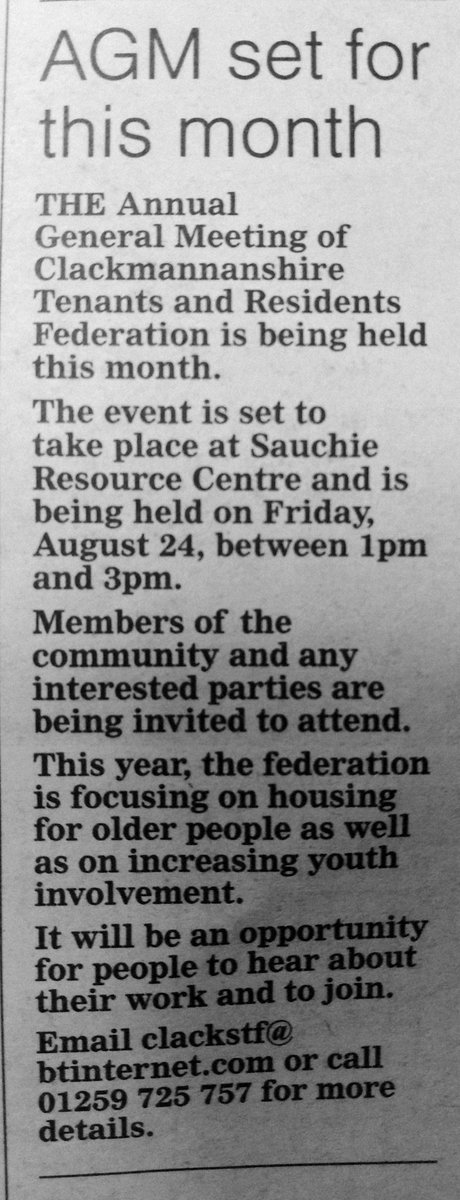 ClacksTRF (@clackstrf) on Twitter photo Yes, our Liaison meeting is this week but our #AGM isn't far off either. Feel free to come along and join us! Yes, our Liaison meeting is this week but our #AGM isn't far off either. Feel free to come along and join us!