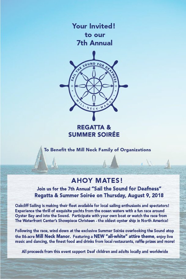 oysterbayny's tweet photo. There's still time to get your tickets to attend the regatta and summer soirée in support of @MillNeckManor! Get a chance to see the beauty of the north shore from the water while supporting services for deaf children and adults locally and worldwide! https://t.co/L0T6tqwave