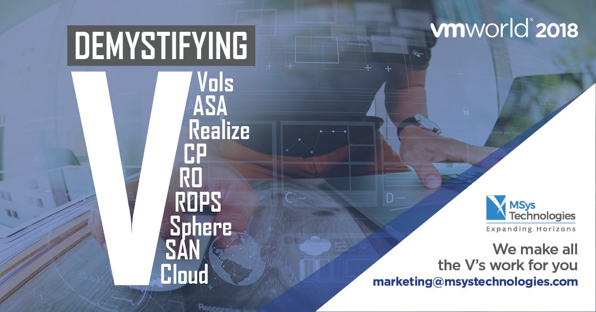 We are attending #VMworld 2018. Message now for #VMware ecosystem integration marketing@msystechnologies.com 
<a href="/VMworld/">VMworld</a> #HCI #VMworld2018 #storage #virtualization #cloud #networking #VVols #vRealize #VCP #vRo #vROPs #vSphere #vSAN #vCloud