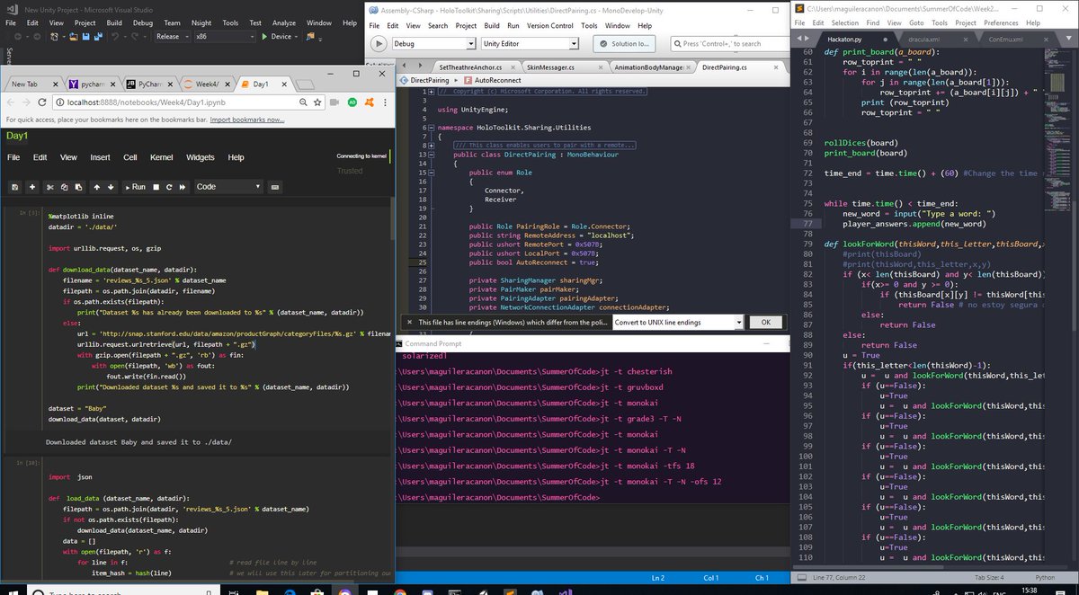 My obsession with #DarkThemes in one photo. 😊😊 #python #Csharp @unity3d #Monodevelop #JupyterNotebooks @SublimeText_Es @ProjectJupyter @1mwtt #SummerOfCode