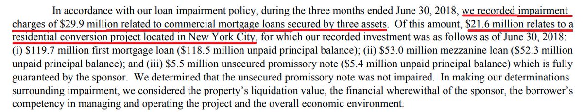  $STWD takes $22MM impairment on $171MM NYC multifamily (condo conversion) loan. Claim that $15MM related to timing of cash flows - DCF calc (project is taking longer to sell out) and that they won't lose money on the loan. Claim prices of condos close to underwritten values