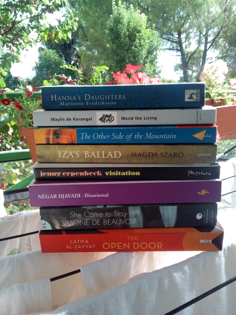 My stack of possibles for #WITMonth 
Reading #womenintranslation @Read_WIT 
Finished the remarkable #MendTheLiving by #MaylisdeKerangal and now on to #Visitation
Any thoughts on the others? 
Anyone read #TheOpenDoor? by #LatifaAlZayyat