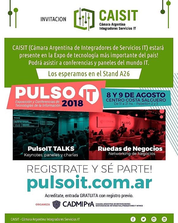 ¡Arrancó <a href="/pulsoit/">Pulso IT</a> y estamos presentes! No dejes de visitarnos en nuestro stand A26. Hoy y mañana.¡Te esperamos!
.
.
#pulsoit #eventosdetecnologia #futuro #ti  #integradoresit #integradoresdetecnologia #tecnologia #vanguardia