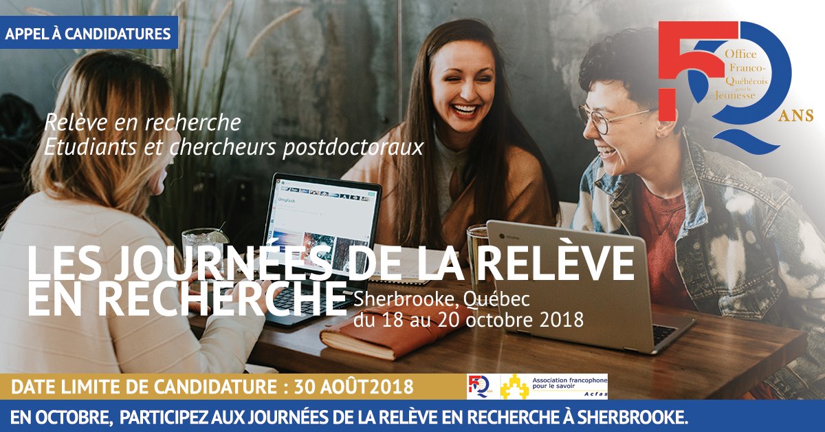 ofqj_france's tweet photo. L'OFQJ s’associe à @_Acfas afin de permettre à 10 jeunes français #chercheurs et #étudiants de participer aux Journées de la Relève en recherches à l’Université de #Sherbrooke #doctorat #rechercheresponsable #publicationscientifique 📆Date limite : 30/08 https://t.co/YCOniedyYg https://t.co/12Dtd30SPM