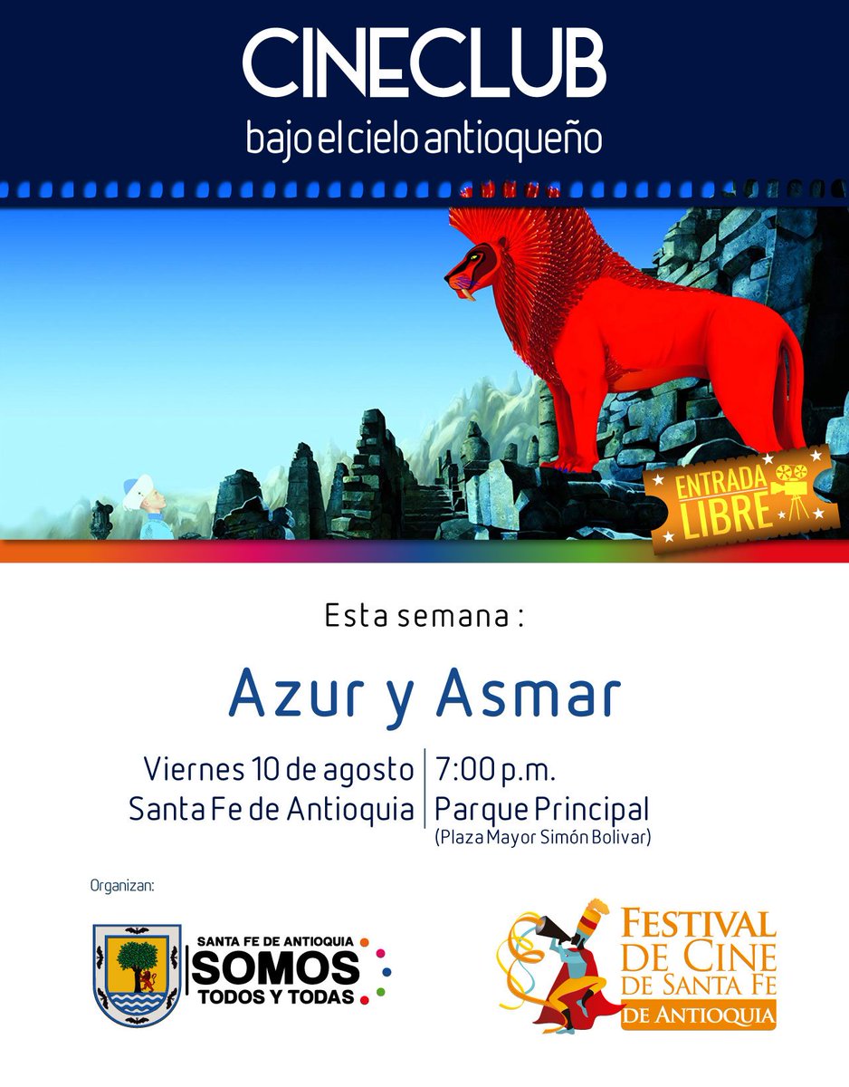 Iniciamos este familiar ciclo con la película "Azur y Asmar" un filme, que muestra los profundos lazos surgidos entre una madre árabe y dos niños que amamanta: su propio hijo y el hijo de un noble cristiano, del que es nodriza. 
Viernes  07 pm en  parque principal <a href="/FeAntioquia/">Santa Fe de Antioquia</a>