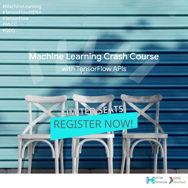 GDGShorouk's tweet image. Our Machine Learning Crash Course is here🌟
Limited seating available 💺💺💺
Register here 👉 goo.gl/forms/DeZrMYq1… 
#TensorFlowMENA #TensorFlow #GDG @gdg @TensorFlow