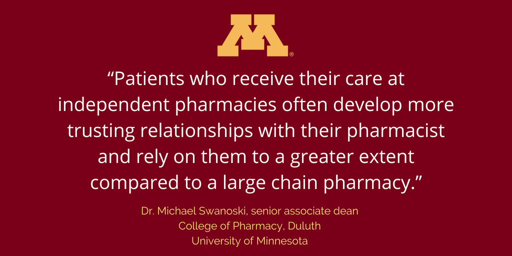 "Patients who receive their care at independent pharmacies often develop more trusting relationships with their pharmacist and rely on them to a greater extent compared to a large chain pharmacy." Dr Michael Swanoski, senior associate dean, College of Pharmacy, Duluth, University of Minnesota