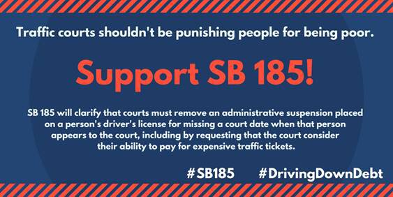sdicACLU's tweet photo. Poor people should not be forced to pay off potentially thousands of dollars in tickets just because they missed a court appearance. #SB185 will be heard in the Assembly Appropriations Committee this week. Ask #CALeg to support this bill! https://t.co/Qmu37LRoST