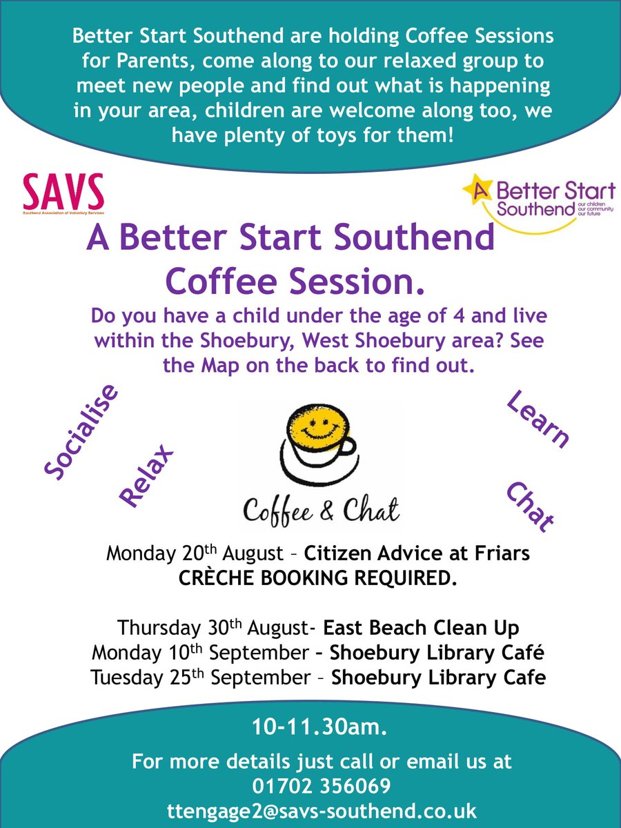There are lots of ways you can get involved in the A Better Start project. Our Coffee Sessions are a relaxed and informal way for parents to share their ideas and concerns. Here are the dates and locations for Aug/Sep in Shoeburyness and West Shoebury Wards. <a href="/ABSSouthend/">A Better Start Southend</a>