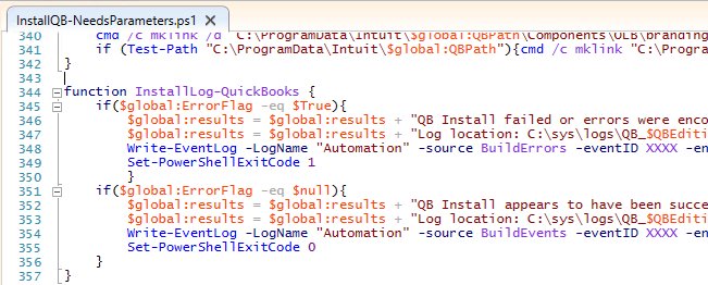 RyanWillDotcom's tweet photo. Revisited my quickbooks install script. For those wondering.. Quickbooks CAN be automated start to finish while passing parameters (Year, Edition, and licensing). Didn't take as many lines of code as I expected... 357. #QuickBooks #Automation https://t.co/l7LrmJ6HHY