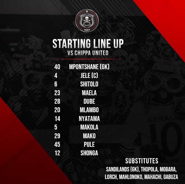 orlandopirates's tweet photo. ☠ Pirates Starting Lineup vs @ChippaUnitedFC
💻 FORMATION: https://t.co/OvklWAvOxB
⚽ 19:30
🏟 Nelson Mandela Bay Stadium
⚫⚪🔴⭐
#AbsaPrem #MatchDay
#OnceAlways https://t.co/Os1uL0iZCY