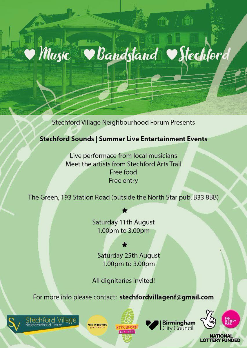 stechfordVNF's tweet photo. Love Music...love Bandstands...Love Stechford. First Gig..this Saturday. Good music, good conversations, delicious samosas... #lovestechford #stechfordartstrail https://t.co/eCSIg1qG5n