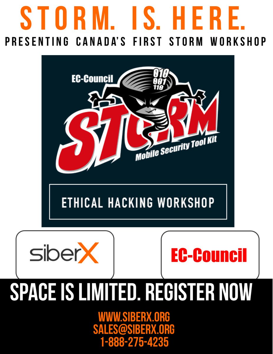 siberxorg's tweet photo. Proudly presenting Canada's FIRST. EVER. STORM. WORKSHOP! Yes you heard us..  We'll give you a moment to let that sink in. 
@ECCOUNCIL #storm #stormworkshop  #cybersecuritytraining
#ethicalhacking #cybersecurity #infosec #informationsecurity #training #toronto  #ceh #the6 #thesix https://t.co/kbzhKDxO37