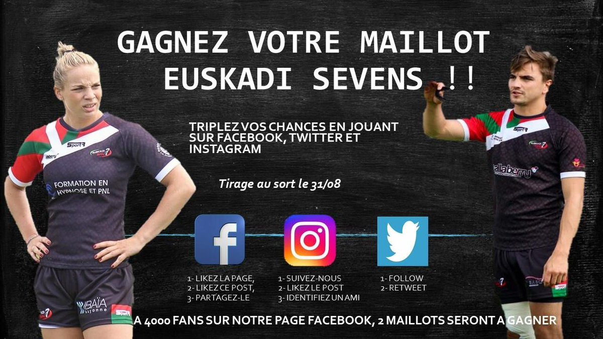 EuskadiSevens's tweet photo. Tentez de remporter un maillot de notre équipe. Pour cela retweet et follow @EuskadiSevens . 
Triplez vos chances en participant sur Instagram et Facebook ! 
Bonne chance 🍀🍀 https://t.co/LUGZcjYBWZ