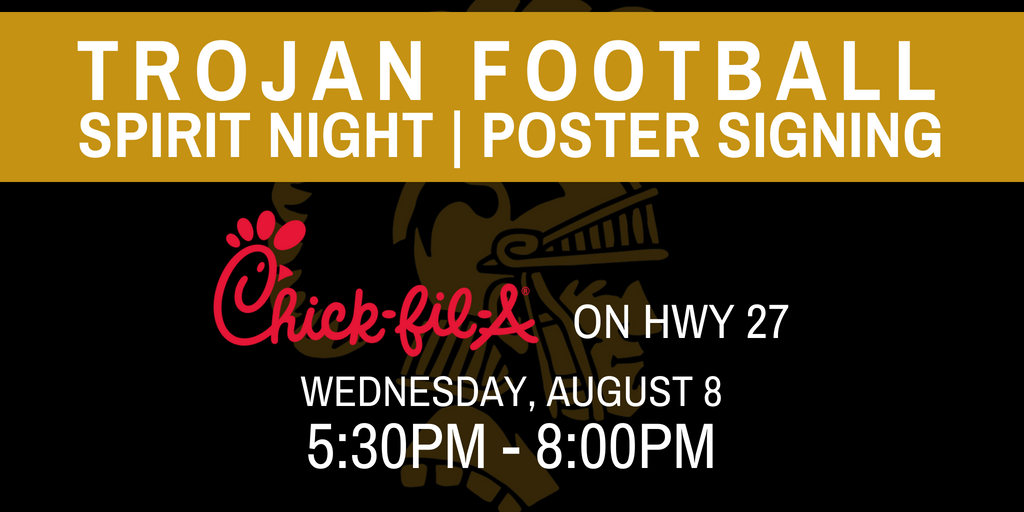 Trojan_Sports's tweet photo. Bring your family out to meet the 2018 Trojan Football team TONIGHT at Chick-fil-A Carrollton on HWY 27! https://t.co/anExfpgrmE