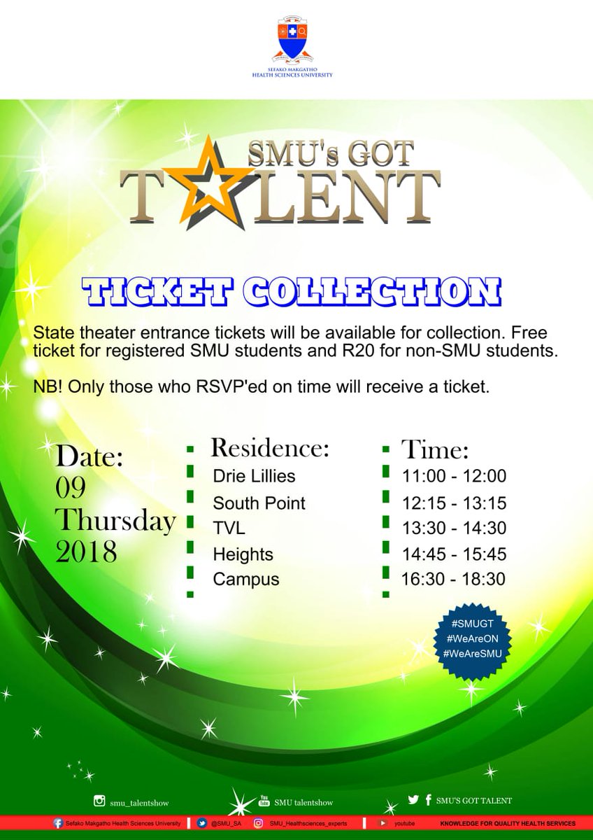SMUsGotTalent1's tweet photo. We still issuing out tickets tomorrow
Take note of the times...
NB!! Only those who RSVP'ED on time will  receive a ticket. https://t.co/c1KopdmWkI