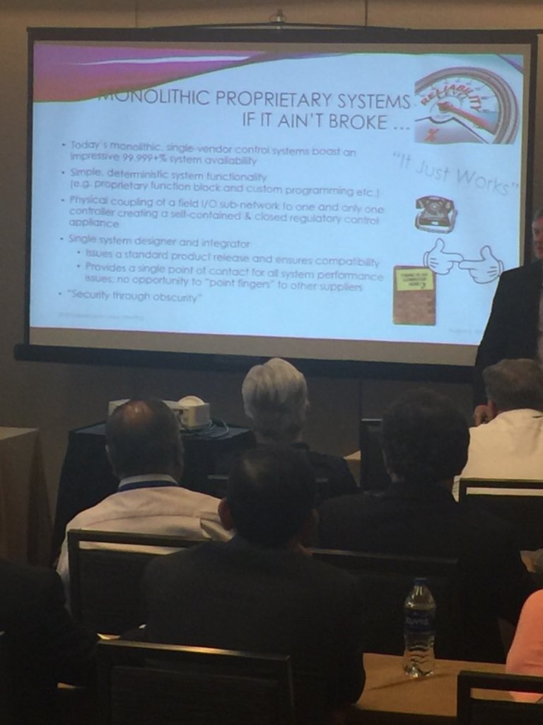 CraigDResnick's tweet photo. #FoxboroUserGroup @dennisbrandl presents #OPAF #open #process #Automation a #federated highly #modular #scalable #extendable #architecture #distributed #portable #interoperable #intrinsic #security #vendor independent @SchneiderElec @arc_advisory https://t.co/CDB7mUg0Jw