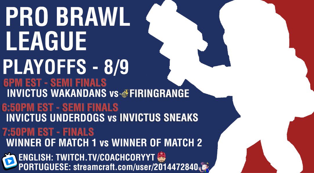 Pro Brawl League (@probrawlleague) on Twitter photo PRO BRAWL LEAGUE PLAYOFFS BEGIN TOMORROW! Get ready! $100 on the line! 🏆
Starts at 6pm EST. Get some popcorn, bring your friends, and get ready for the finale of the first season of PBL! ⭐️
📺twitch.tv/CoachCoryYT <a href="/CoachCoryYT/">Coach Cory</a>
📺streamcraft.com/user/2014472840 <a href="/GustovowOficial/">Gustovow 🇧🇷🇺🇸</a> PRO BRAWL LEAGUE PLAYOFFS BEGIN TOMORROW! Get ready! $100 on the line! 🏆
Starts at 6pm EST. Get some popcorn, bring your friends, and get ready for the finale of the first season of PBL! ⭐️
📺twitch.tv/CoachCoryYT <a href="/CoachCoryYT/">Coach Cory</a>
📺streamcraft.com/user/2014472840 <a href="/GustovowOficial/">Gustovow 🇧🇷🇺🇸</a>
