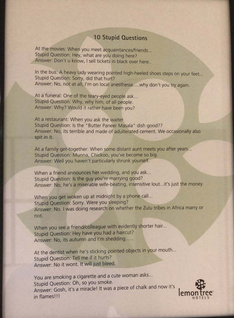 ssk1122's tweet image. Foundit in the hotel corridor! 😂🤣😂🤣 #StupidQuestions 
Which one were you asked the most?? For me it’s No 5. 🙄😄
