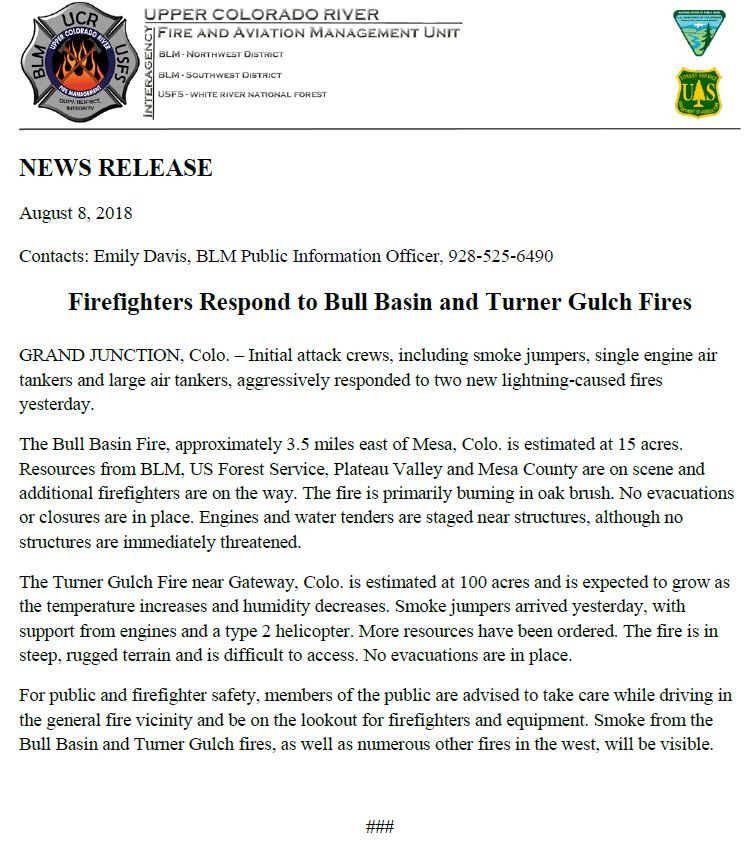 UCRFireCenter's tweet photo. Crews responding to 15- acre #BullBasinFire near Mesa and 100-acre #TurnerGulchFire near Gateway. No evacuations or closures in place at this time. https://t.co/s04NqvTegc
