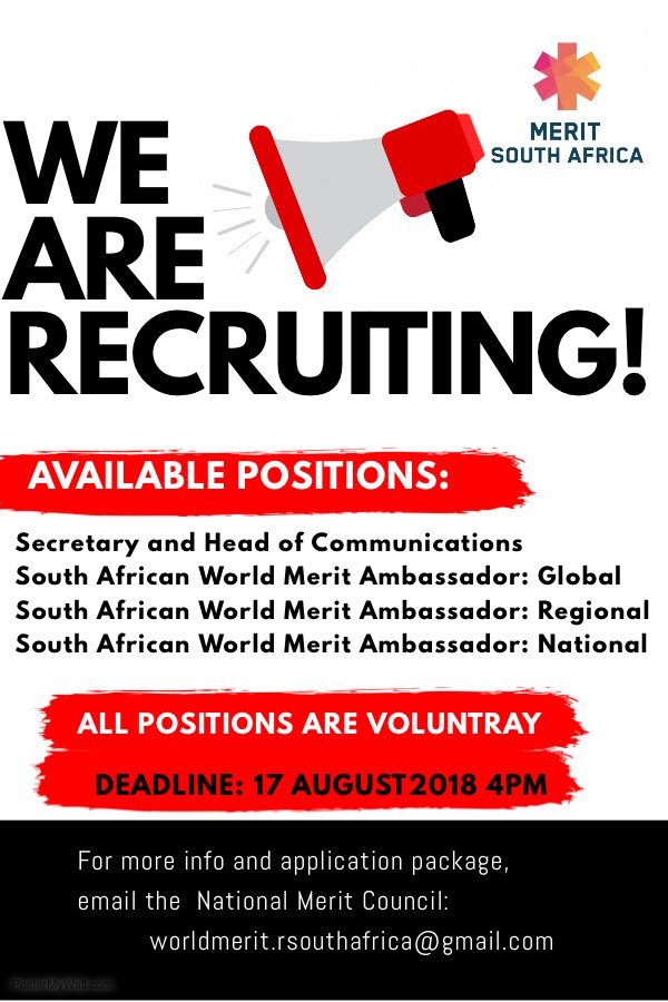 WorldMeritRSA's tweet photo. CALL FOR APPLICATIONS!!!

Second round applications are still open to join the South African Merit Council (all positions are voluntary). 
Deadline: 17 August 2018 4pm (Local Time)

Apply here 

https://t.co/xt0VPFwhkp https://t.co/BDh6atAmIR