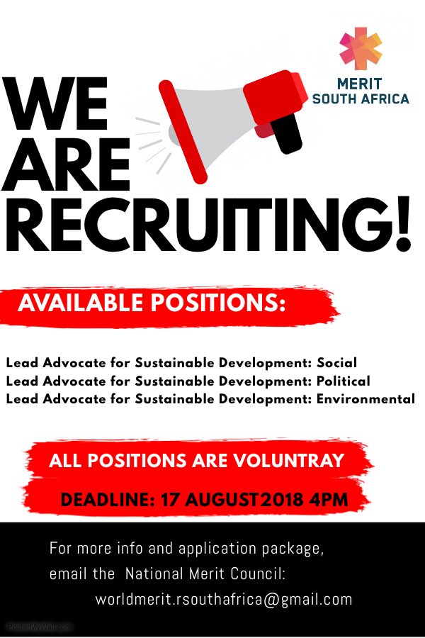 WorldMeritRSA's tweet photo. CALL FOR APPLICATIONS!!!

Second round applications are still open to join the South African Merit Council (all positions are voluntary). 
Deadline: 17 August 2018 4pm (Local Time)

Apply here 

https://t.co/xt0VPFwhkp https://t.co/BDh6atAmIR