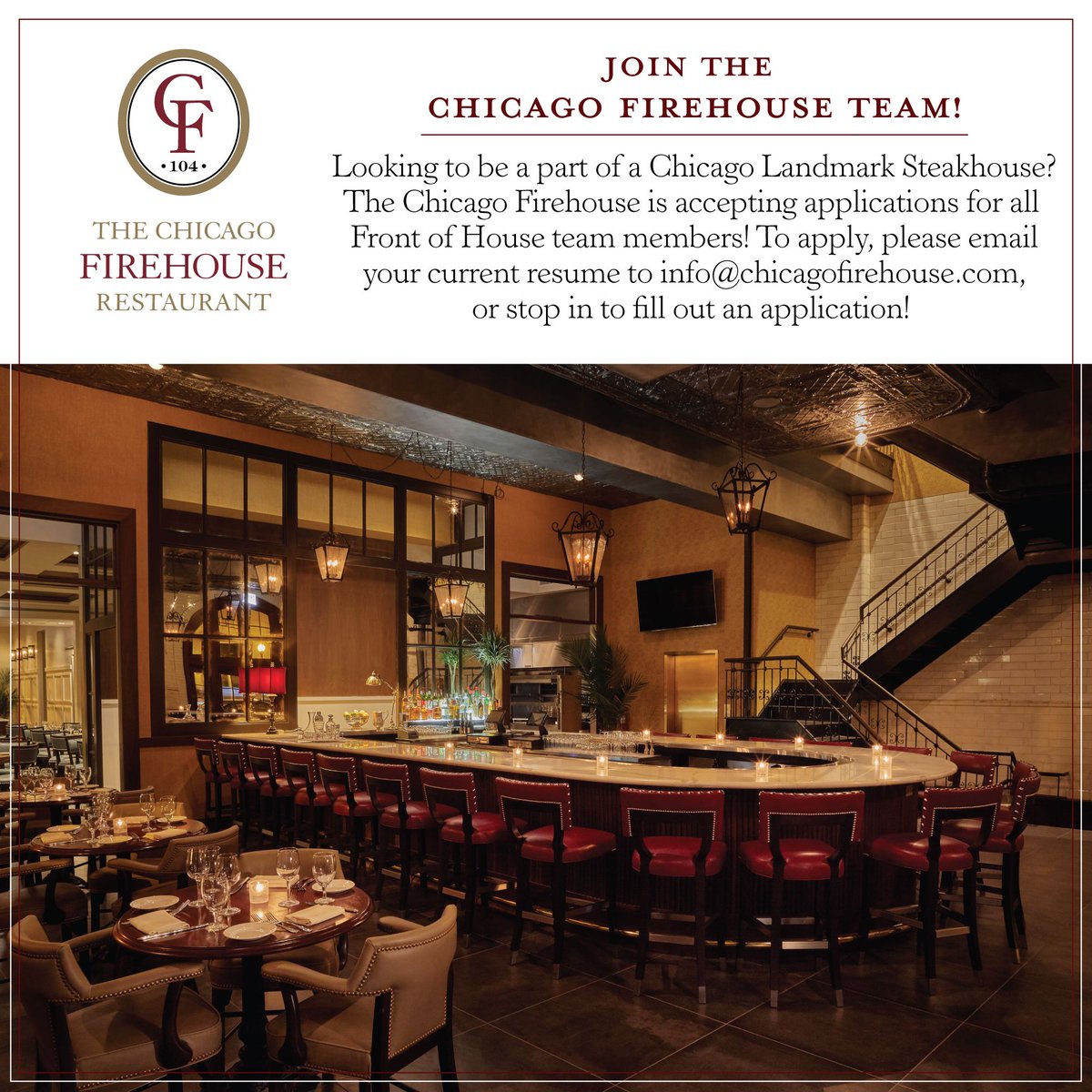 Looking to join the team of a #ChicagoLandmark #Steakhouse? The Chicago Firehouse is now seeking all Front of House Employees! Email your resume to info@chicagofirehouse.com or stop in to 1401 S. Michigan Ave to fill out an application!