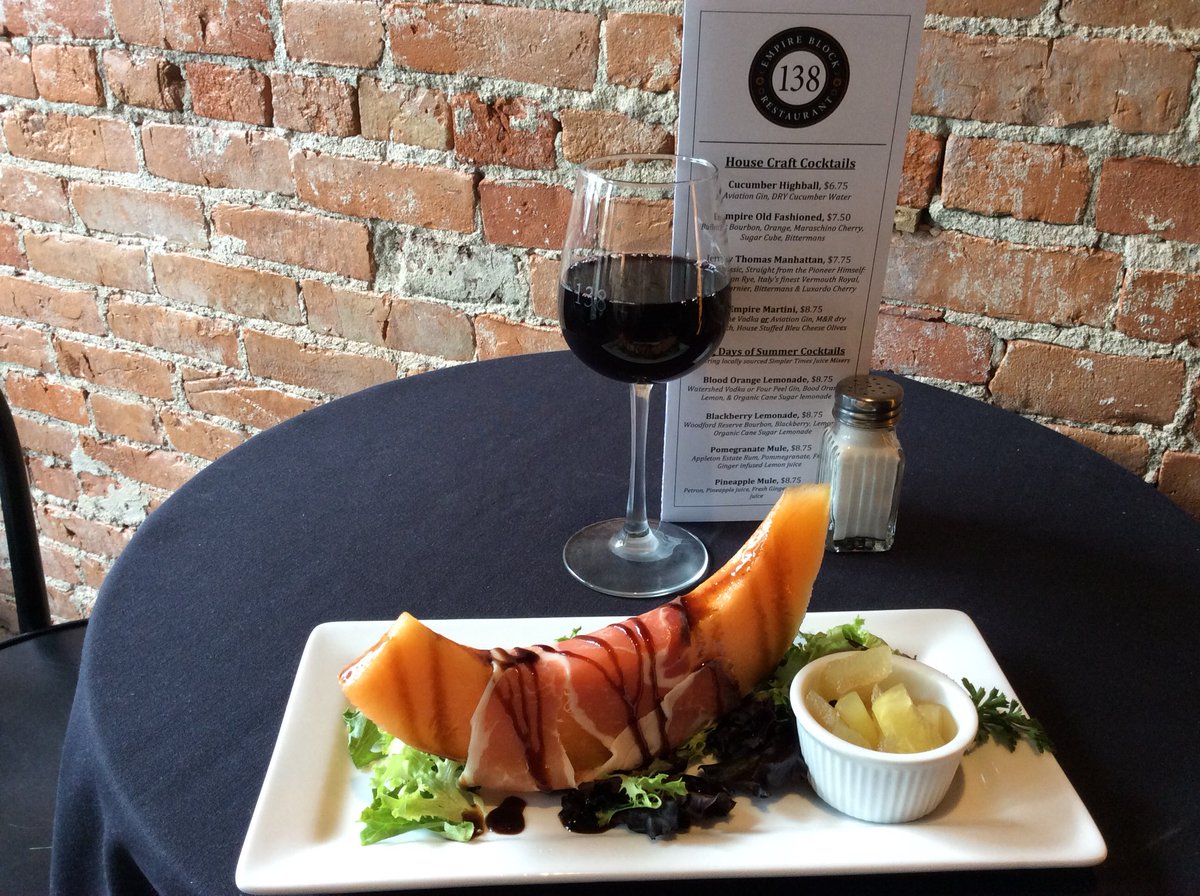 Empire138's tweet photo. Riehm’s Farm cantaloupe delivered this morning, wrapped in delicious prosciutto, with house pickled watermelon rind.  Seriously Crazy taste of the season.  In our Test Kitchen today and tomorrow afternoons, 3:00 to its gone.  Make your way in today! https://t.co/SX8ZoCj7DX