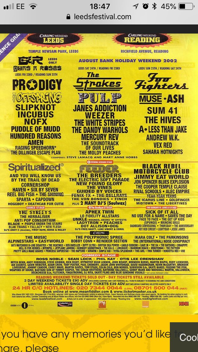 AntPieroni's tweet photo. @TomGoetz_ @S1Whysall Not bad but not a patch on the line up of my first Leeds fest #backintday https://t.co/rTA4Cf3y6Z