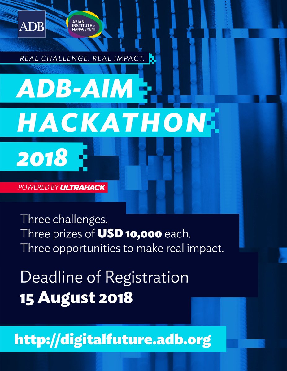 ADB_HQ's tweet image. ADB and @aim_edu  is hosting its first-ever #hackathon on 1-3 September 2018. JOIN NOW for a chance to win US$10,000 and a chance to incubate your solution. Deadline for registration is on 15 August. digitalfuture.adb.org. 
#hack4dev #ict4d