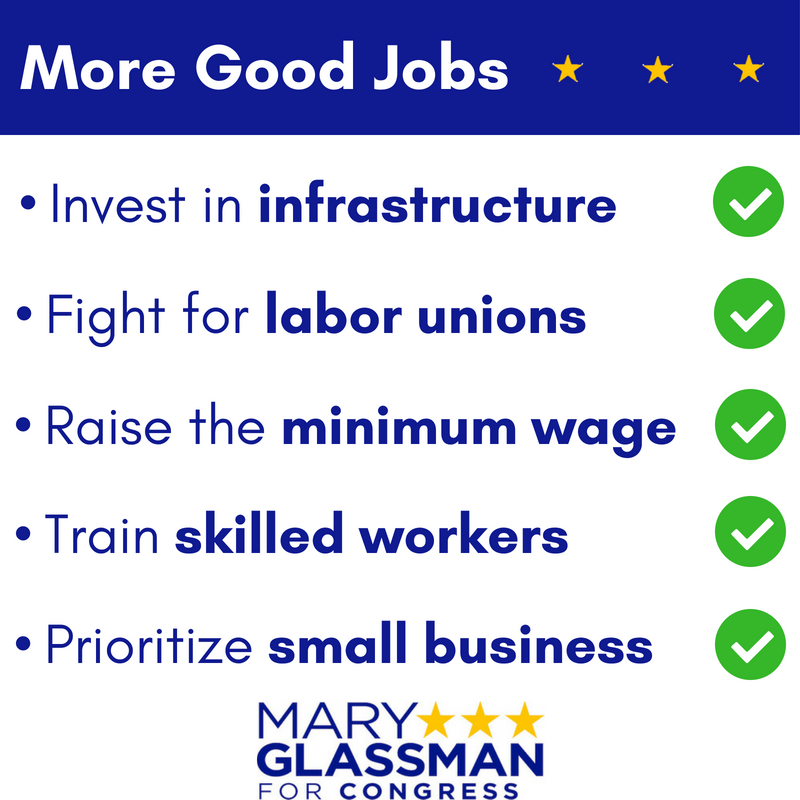 MaryGlassman's tweet photo. The 5th District needs a Congresswoman who knows how to fight for the middle class. Here's what I'll do to create good jobs in Connecticut and build an economy that works for everyone. Check out my website at https://t.co/SKKoCRkDFu to find out more. #MaryforCT #LetsTalkPolicy https://t.co/tlesx0yvX2