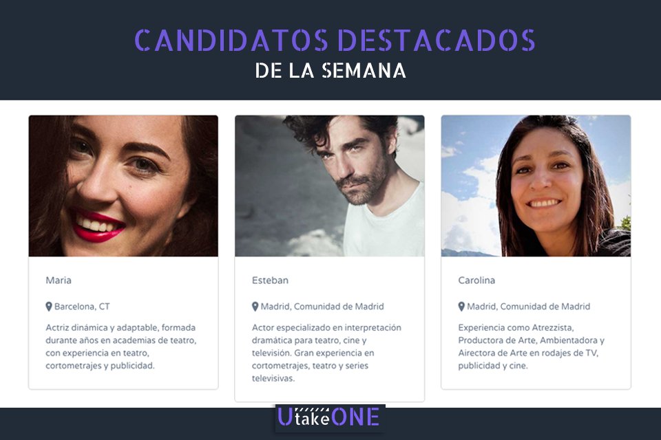 utake0NE's tweet photo. En #UtakeONE hay mucho talento. Esta semana nuestros candidatos destacados son: María, Esteban y Carolina.
🎥Únete a nuestra comunidad para profesionales audiovisuales en España. Registrarse es gratis. 🆓
https://t.co/39mksYEbL5 ✅ https://t.co/EW4IwPRbwn