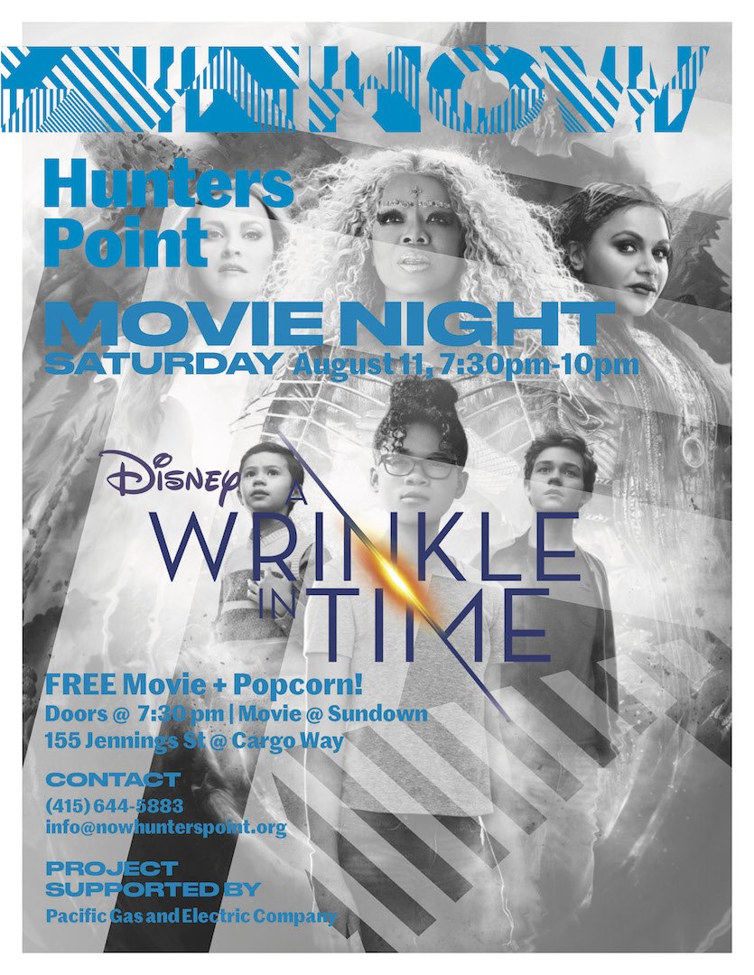 This Saturday at NOW Hunters Point we'll be showing a FREE outdoor screening of A Wrinkle in Time! Gates open at 7:30pm and movie starts at sundown. 
#hunterspoint #bayview #nowhunterspoint #nowhp