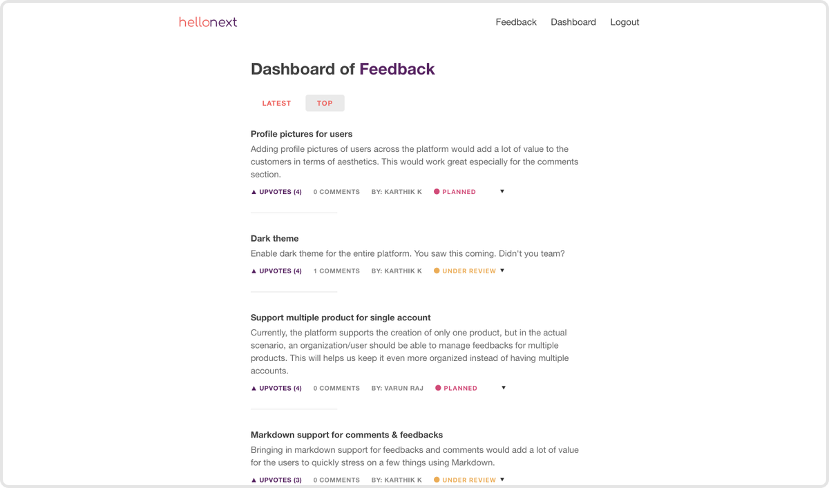 Gather product feedback by letting users vote for the features they want. Check hellonext.co