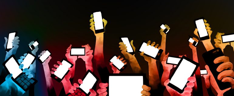 illustration #KeepitOn campaign: hands holding mobile phones and tablets