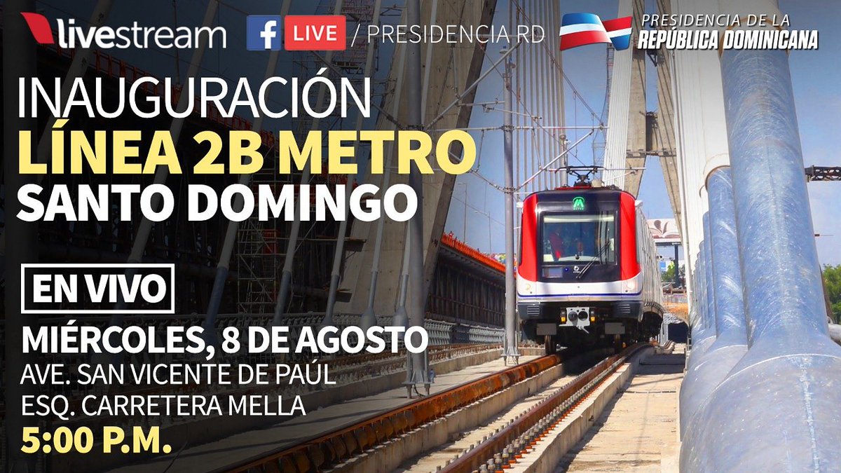 Seguimos ampliando transporte rápido, cómodo y barato para familias trabajadoras Gran Santo Domingo.
👇🏻Entra en operación para todos y todas Línea 2B del Metro.👇🏻
En vivo, hoy miércoles, 5:00 p.m.
 Presidencia.gob.do livestream.com/PresidenciaRD/…
<a href="/Canal4RD/">Control Canal4</a>