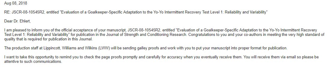 Not a Dr yet, but excited to finally get my thesis study accepted for publication (my 1st as lead author)! I loved working on this project to evaluate a unique and hopefully beneficial goalkeeper-fitness test. Big thanks to @jrcone for all his help and guidance