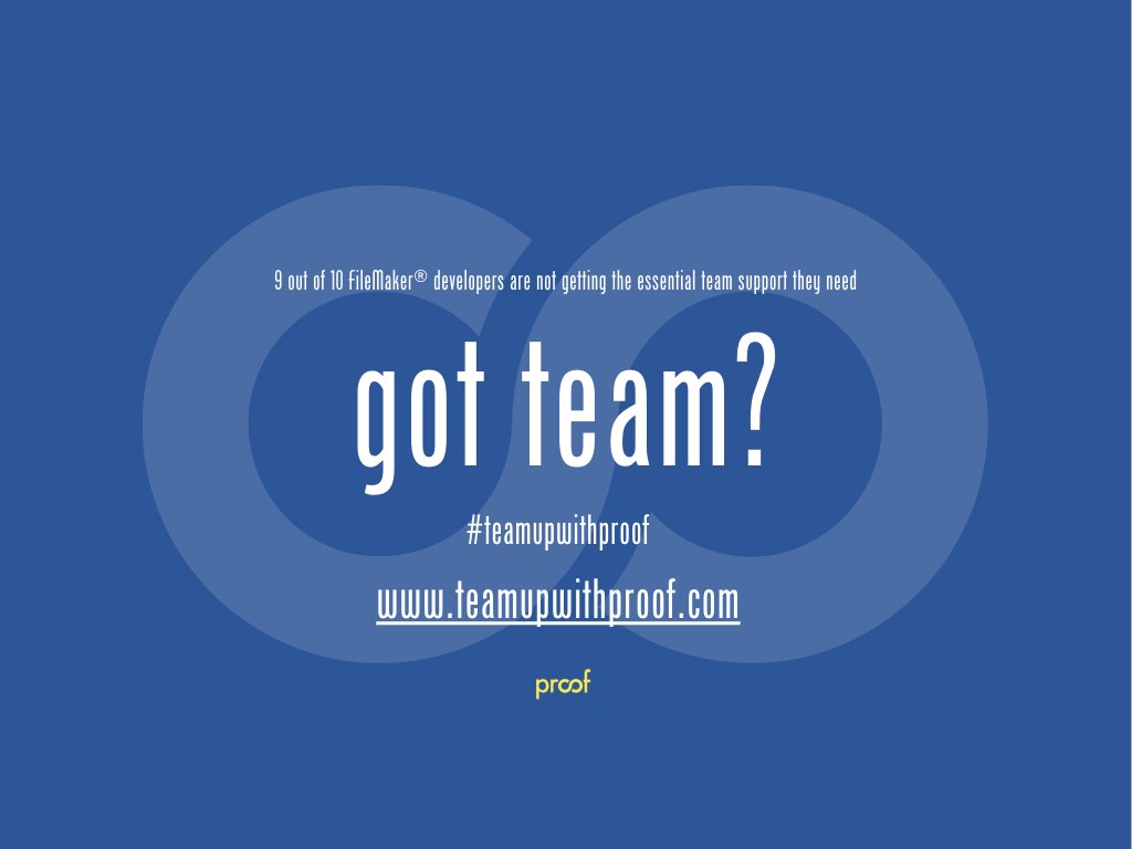 proofgroup's tweet image. Hey #FileMaker folks, #GotTeam?Follow us to learn more about #TeamUpWithProof (teamupwithproof.com) and hit us up for an invite to our little get-together this Thursday night at #FileMakerDevCon!