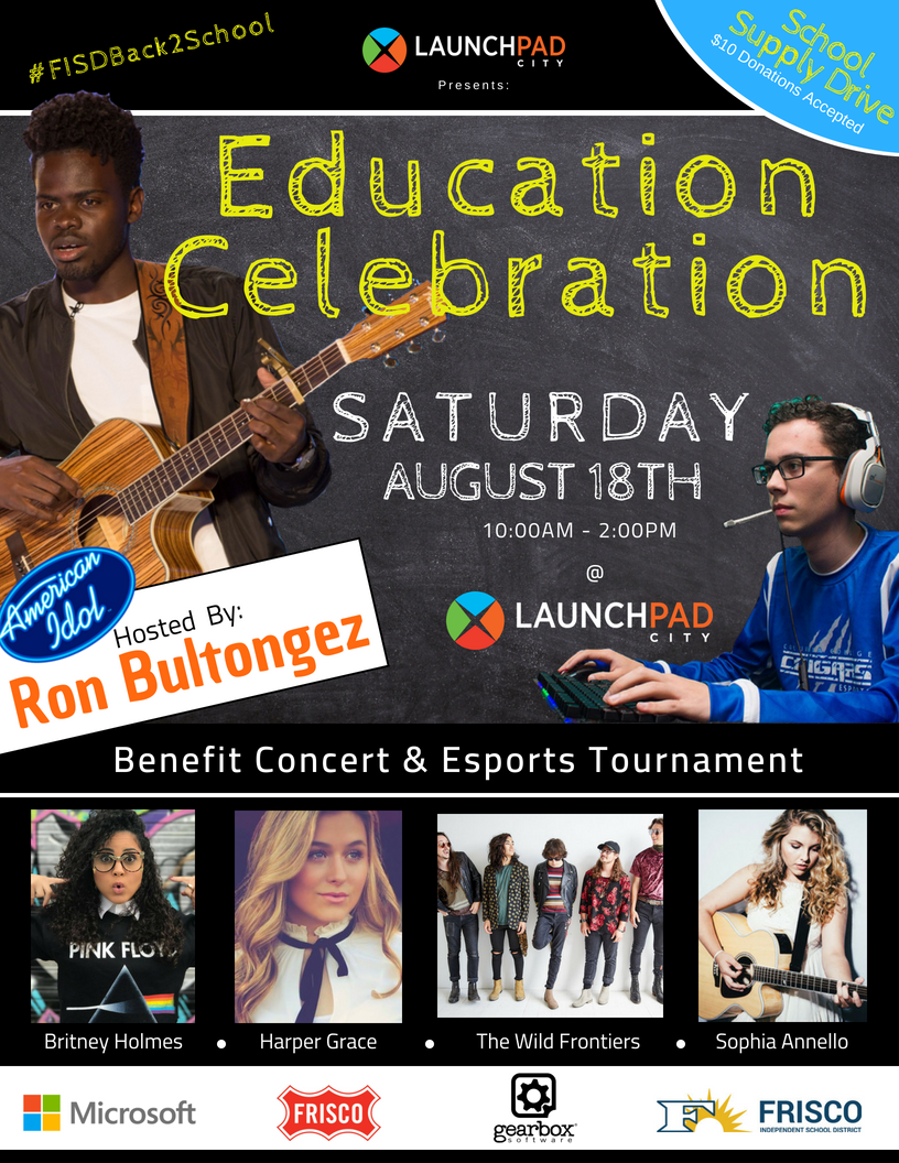 launchpadcity's tweet photo. Education Celebration! A benefit concert &amp; #eSports tournament for @friscoisd Featuring: @RonBultongez and friends! Join us for some #Fortnite and great music. Fun for all ages! The event is FREE, but space is LIMITED: RSVP early: https://t.co/0REAnqKHcC #FISDback2school 🚀 https://t.co/PjD2h6jAY4