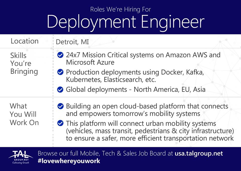 talgroupUSA's tweet photo. #Hiring a full-time Deployment Engineer (AWS/Azure) in Detroit, MI! This role requires experience in 24x7 Mission Critical systems on Amazon AWS and Microsoft Azure. Apply now: https://t.co/GrIAf0wJZA
#TechJobs #DeploymentEngineer #AWS #Azure #Detroit #Kafka #Spring #Java https://t.co/g1KsG7tqMd