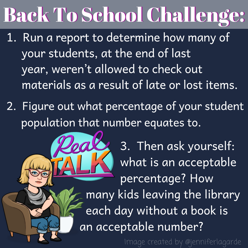 jenniferlagarde's tweet image. A Back To School Challenge librarygirl.net/2018/08/a-back… #libraryfines #readingchampions #schoollibrarians #readersfirst #tlchat #futurereadylibs #istelibs #leadupchat