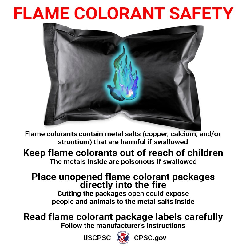 Consumers using flame colorants should keep these safety tips in mind:

1. Keep flame colorants out of reach of children - the metals inside are poisonous if swallowed.
2. Place unopened flame colorant packages directly into the fire - cutting the packages open could expose people and animals to the metal salts inside.
3. Read flame colorant package labels carefully and follow the manufacturer's instructions.