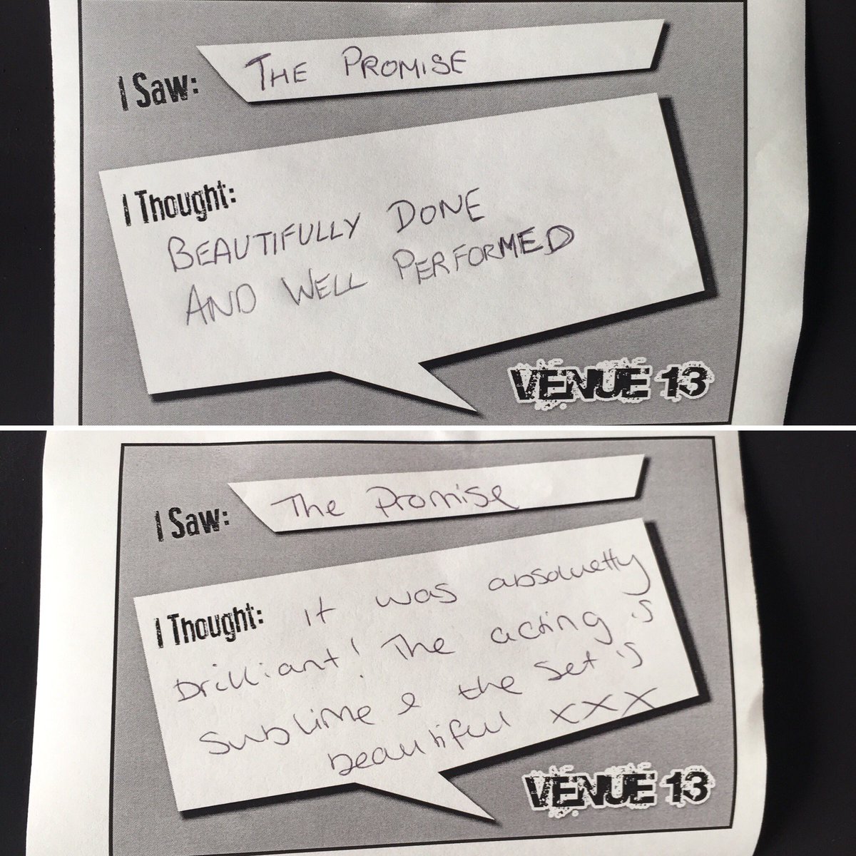 ThePromiseEF's tweet photo. More audience reviews left at our venue - looks like people are enjoying the show! 

Come see what all the fuss is about down at Venue 13, every night at 17:20 until 10th ✊🏻❤️⚒

#edfringe #venue13 #EdinburghFringeFestival https://t.co/Cyuq1tJr5y