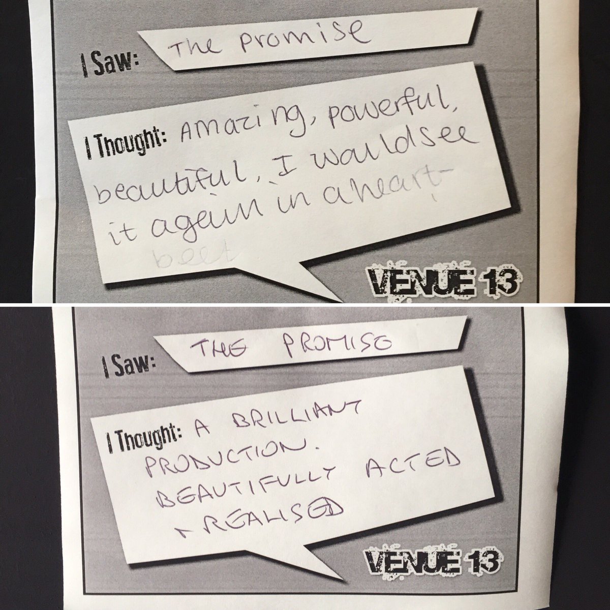 ThePromiseEF's tweet photo. More audience reviews left at our venue - looks like people are enjoying the show! 

Come see what all the fuss is about down at Venue 13, every night at 17:20 until 10th ✊🏻❤️⚒

#edfringe #venue13 #EdinburghFringeFestival https://t.co/Cyuq1tJr5y