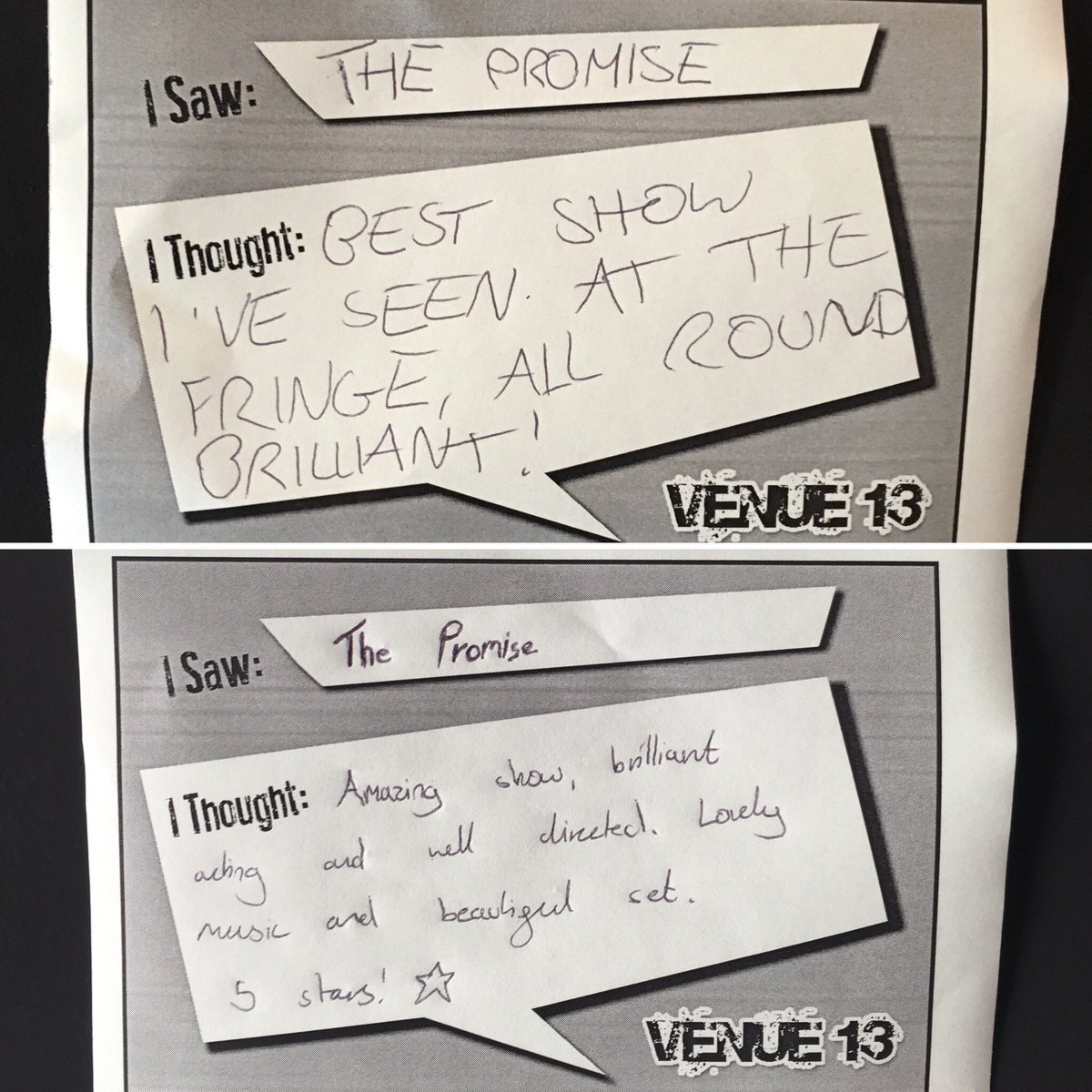 ThePromiseEF's tweet photo. More audience reviews left at our venue - looks like people are enjoying the show! 

Come see what all the fuss is about down at Venue 13, every night at 17:20 until 10th ✊🏻❤️⚒

#edfringe #venue13 #EdinburghFringeFestival https://t.co/Cyuq1tJr5y