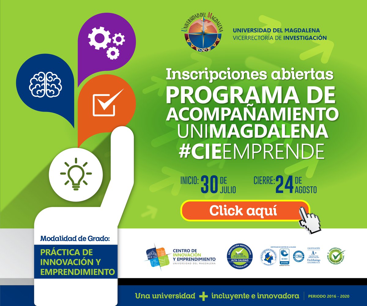 Unimagdalena's tweet photo. Tu también puedes ser un #EmprendedorUnimagdalena. Inscríbete hasta el 24 de agosto en 👉   https://t.co/yr3TKN6lBW 👈  #KickOff #CIEEmprende @VInUnimagdalena @CIEUnimagdalena https://t.co/s96ljCAWlK