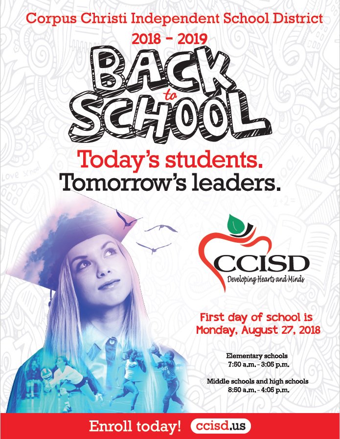 CCISD's tweet photo. CCISD’s first day of school is Monday, August 27. Get ready for the 2018-2019 school year with CCISD's Back to School guide. You can also find it at select @HEB stores. #ChooseCCISD https://t.co/aiwAZPKNXc https://t.co/qEO5BhEBtE
