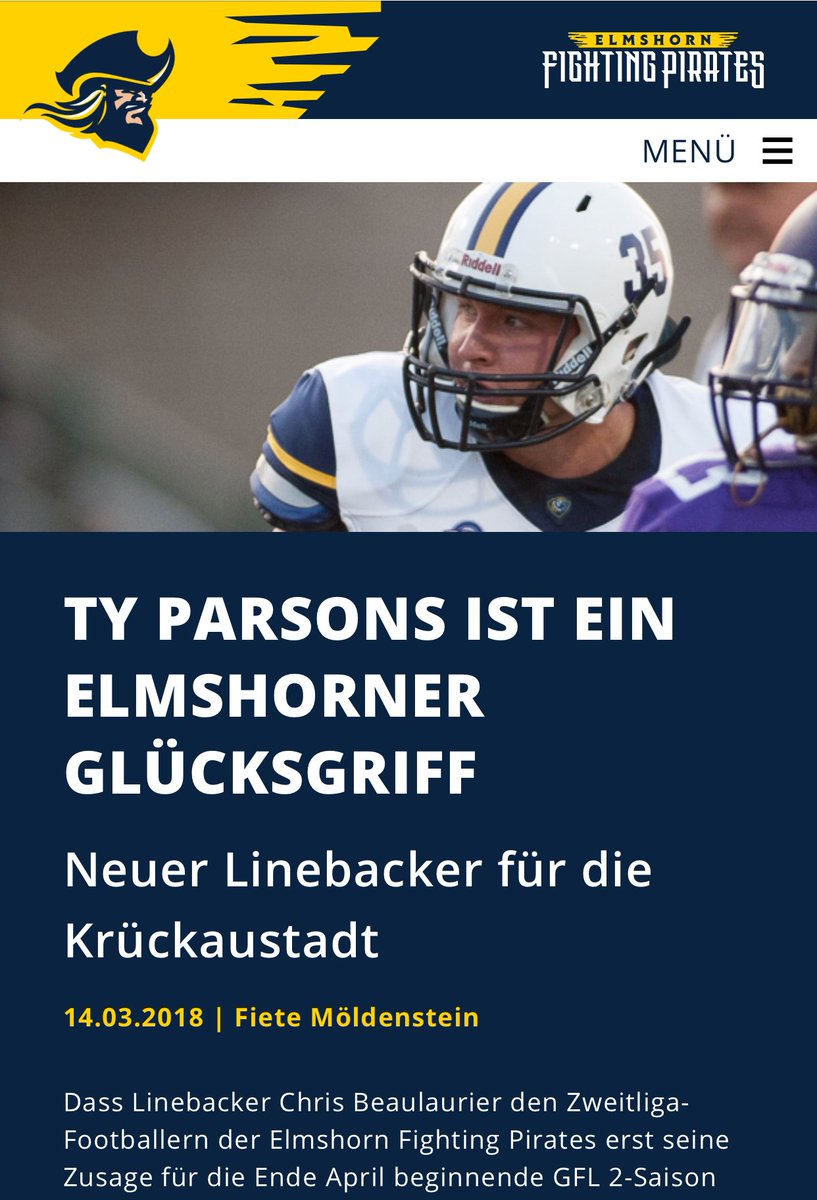 ETBU_Football's tweet photo. #TrainingCamp Week    
#DidYouKnow : Former #ETBU football player @typarsons35 spent time in Germany playing for the Elmshorn Pirates. 
ℹ️Elmshorn Pirates (2018)
ℹ️ASC record 143 tackles in senior season
ℹ️All-ASC 1st Team (2017) and 2nd Team (2016)

#WhyETBU https://t.co/xnc5kOmJXp