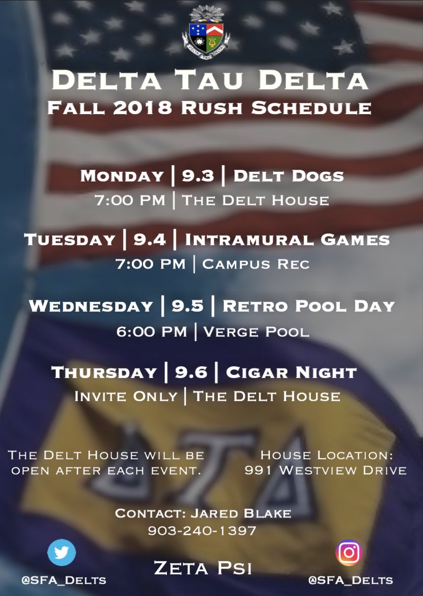 Kick off the Fall semester the right way by coming to our rush events!!! We are looking forward to meeting everyone, contact any brother if you have any questions &amp; Rah Rah #RushDelt #SFA22
